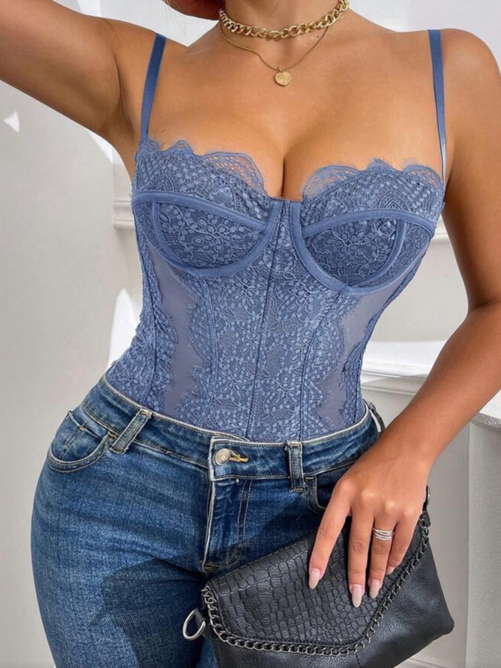 Blue Lace Bustier Bodysuit  Top for Women